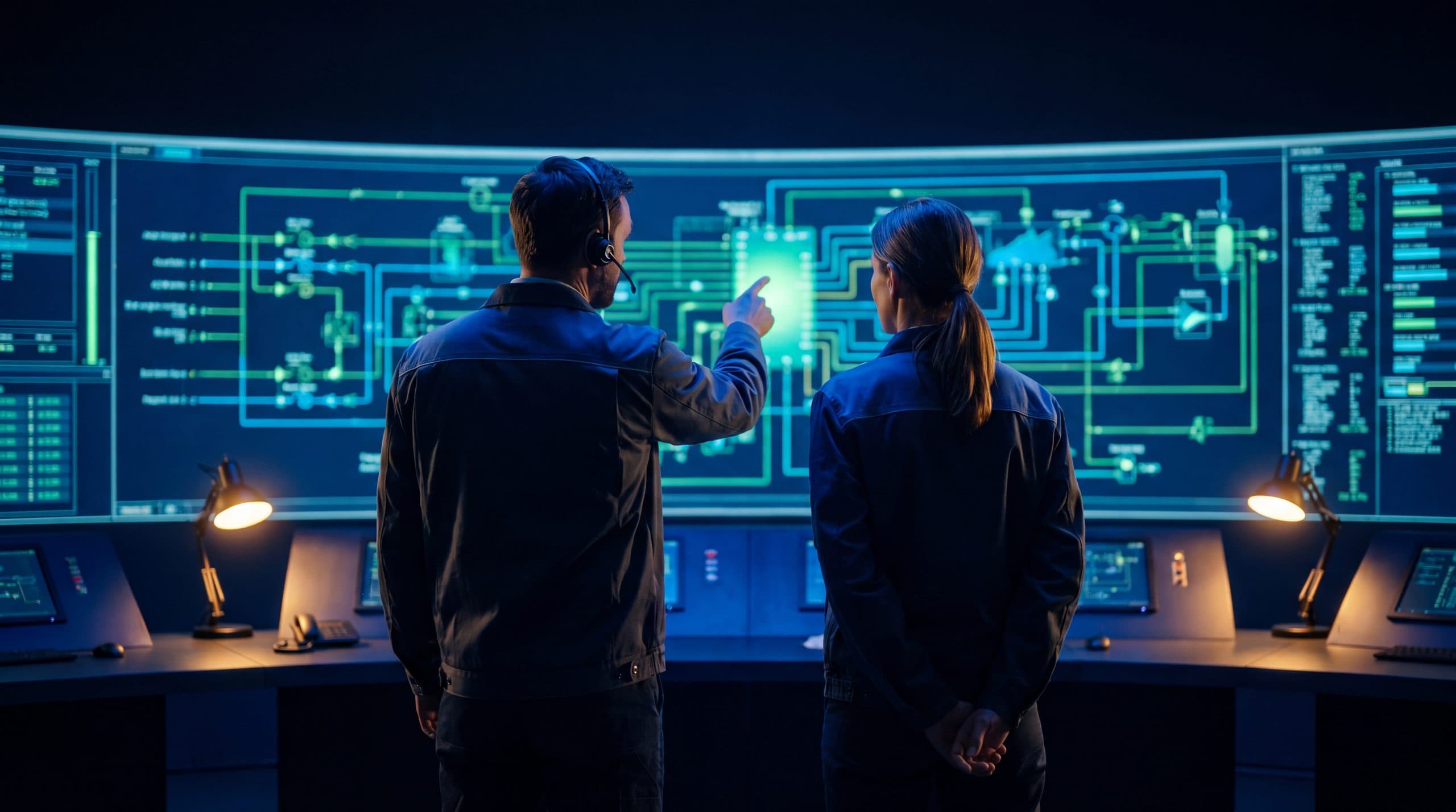 Two engineers reviewing operating data together on a control-room screen.