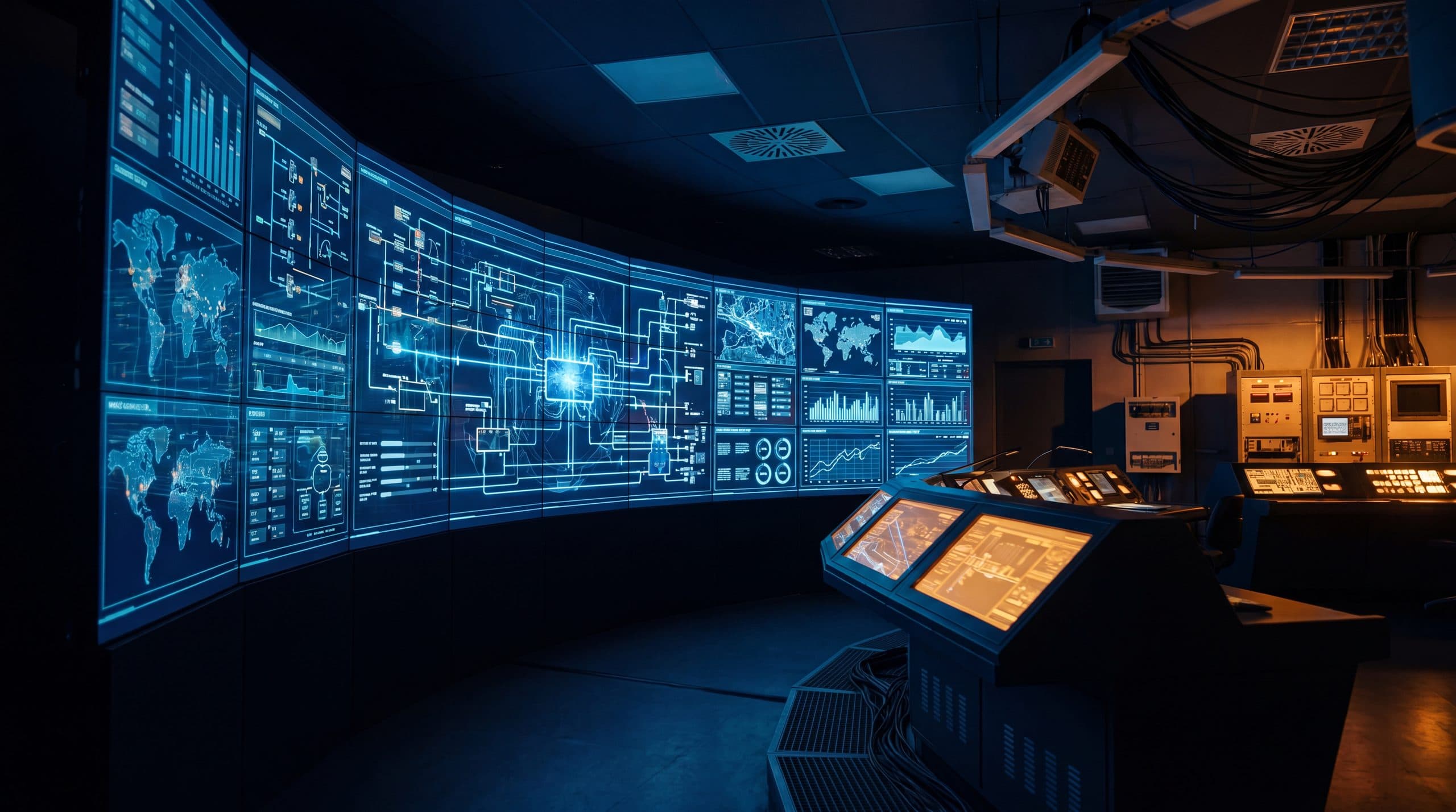 A wall of live energy dashboards in an operations room.