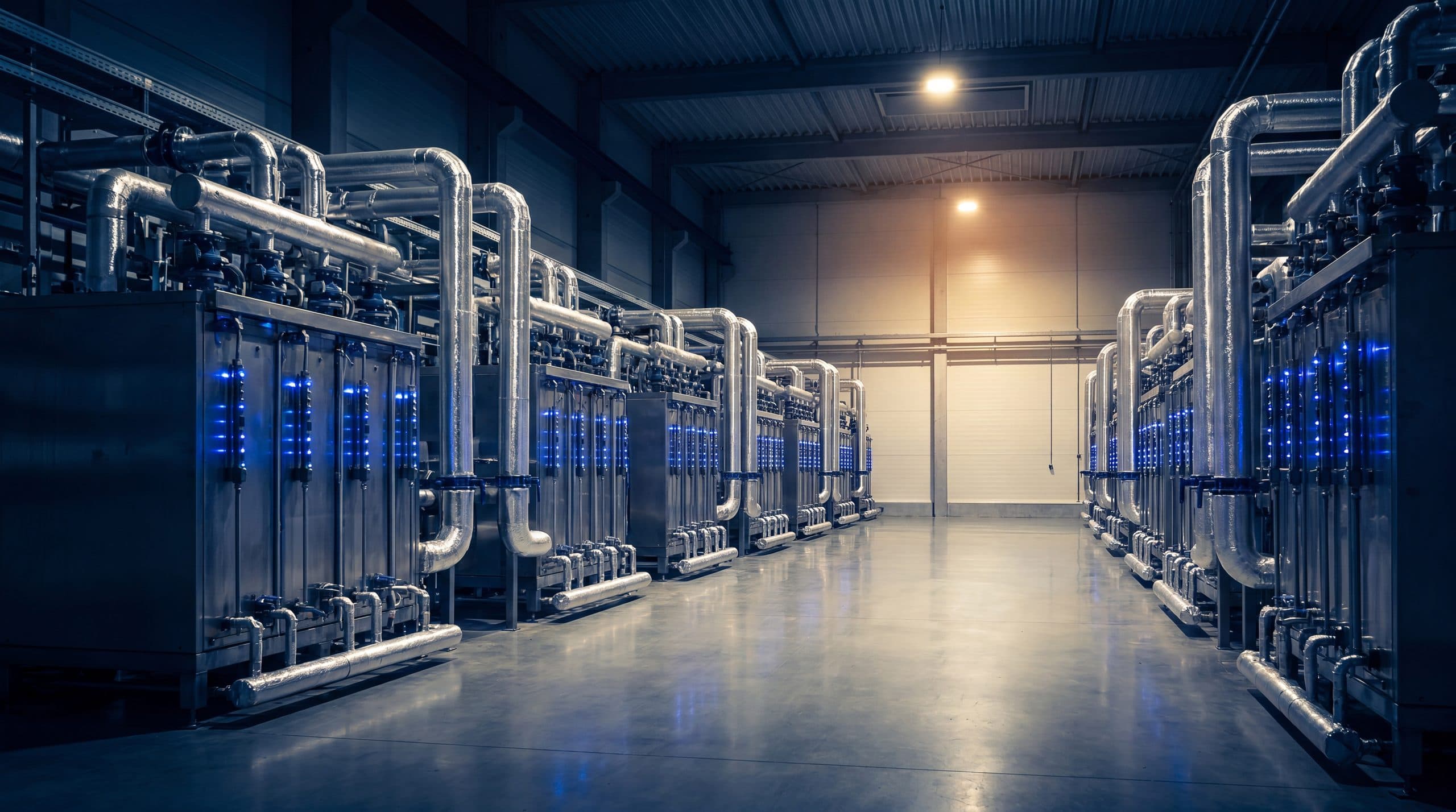 Interior of an electrolyser hall, with stacks arranged in rows.