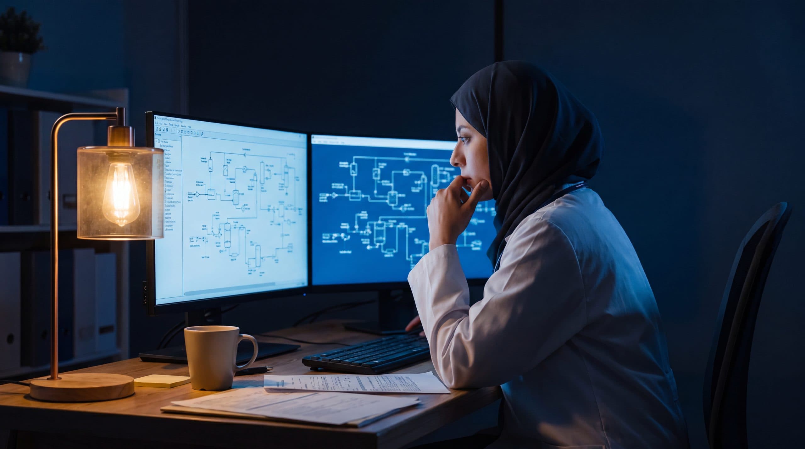 An analyst reviewing energy data on a large screen.