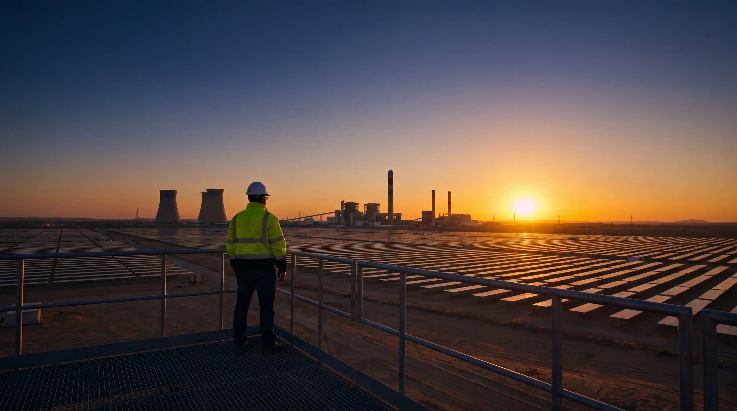 An engineer looking out over an industrial site at dusk.