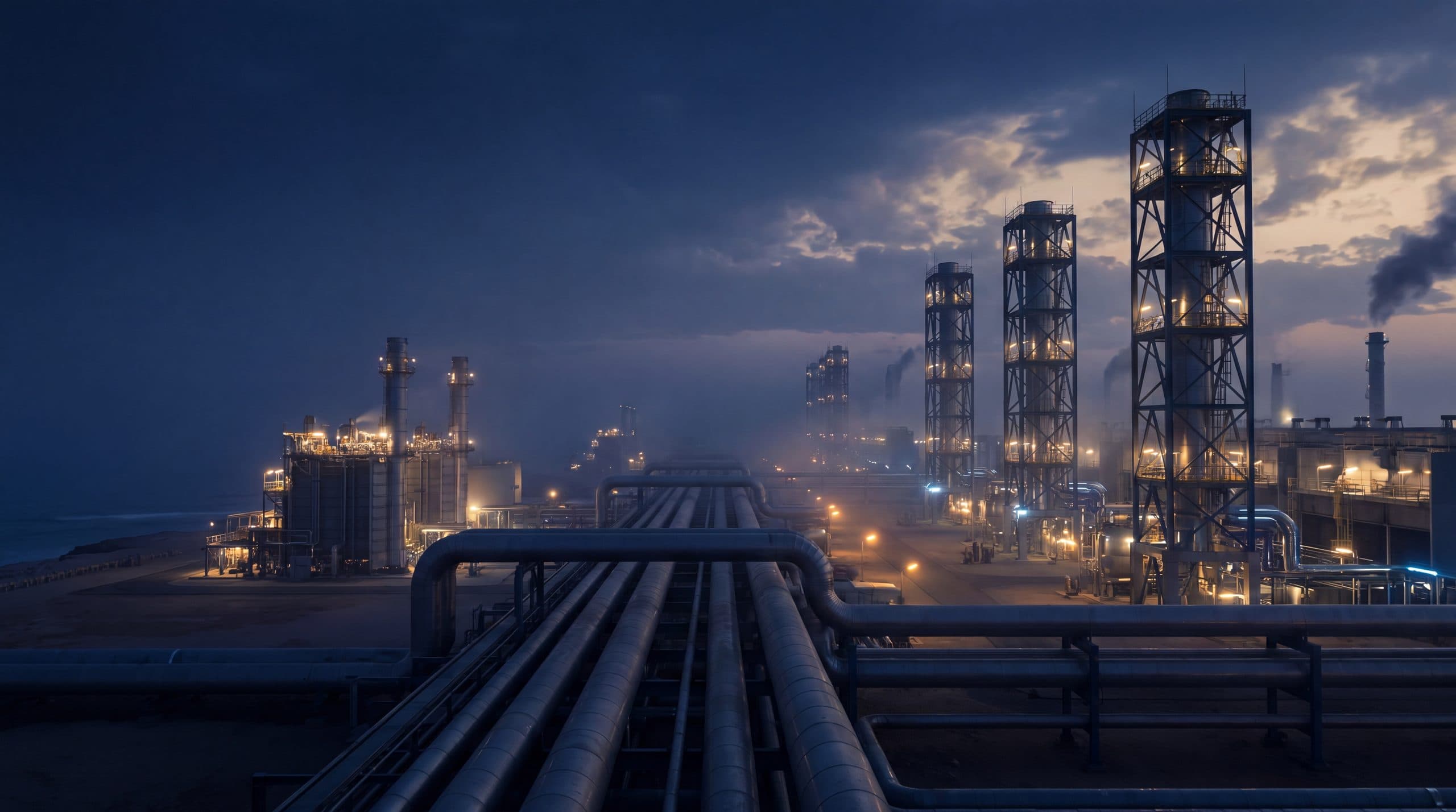 Containerised carbon capture units in the desert at dawn.