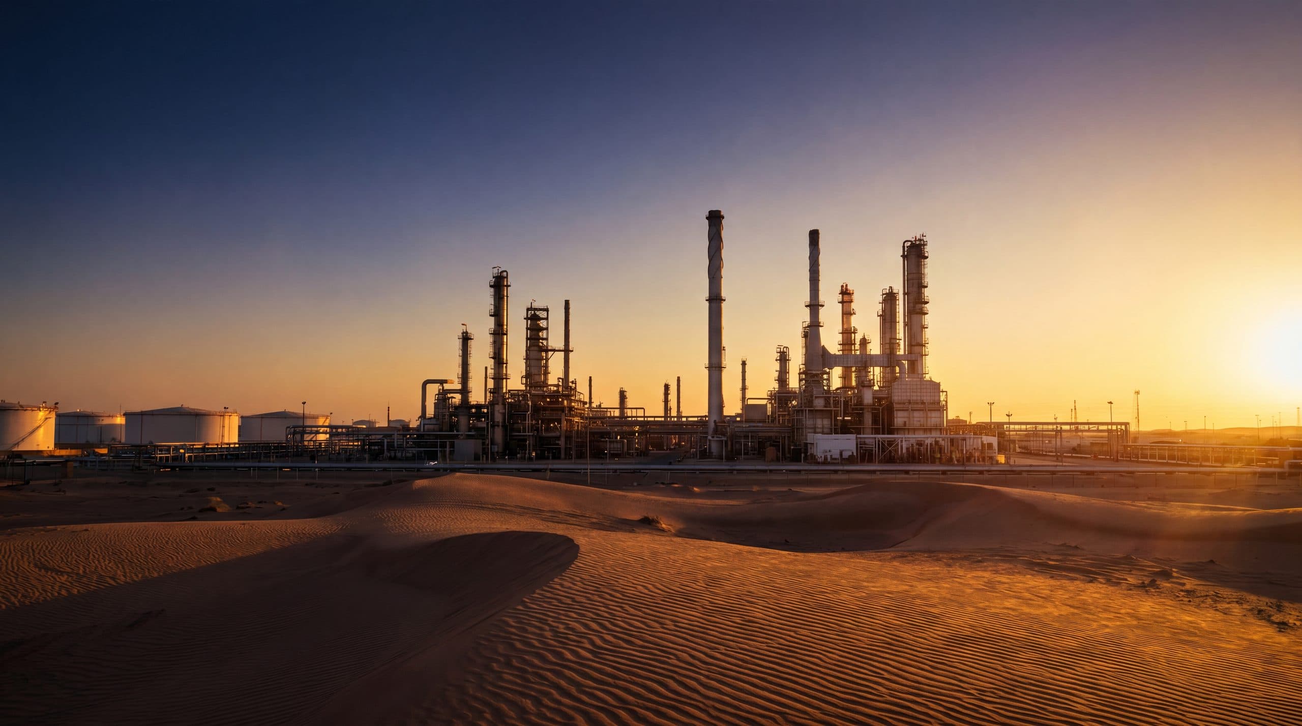 A refinery on the desert horizon at sunset.