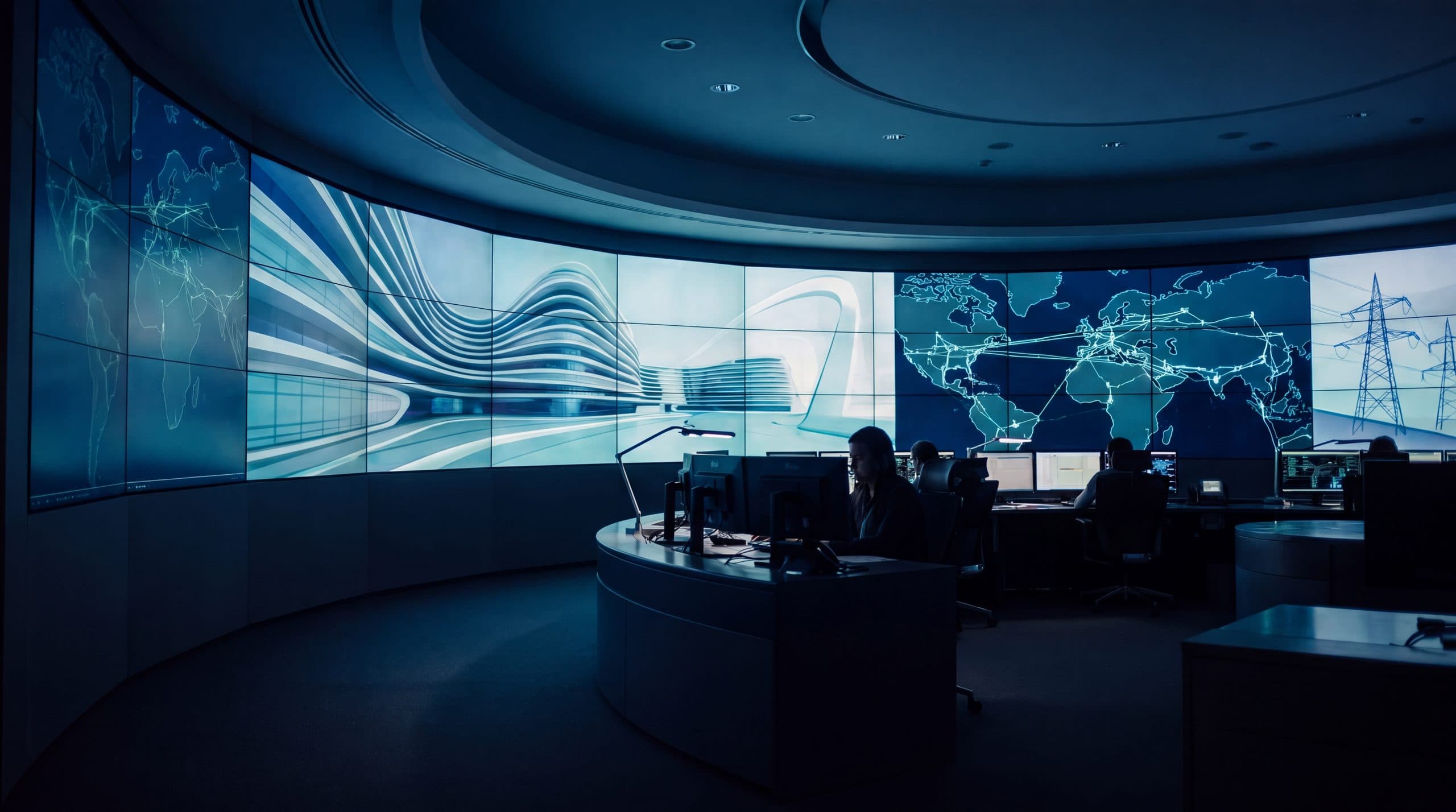 An operations room with a curved wall of screens.