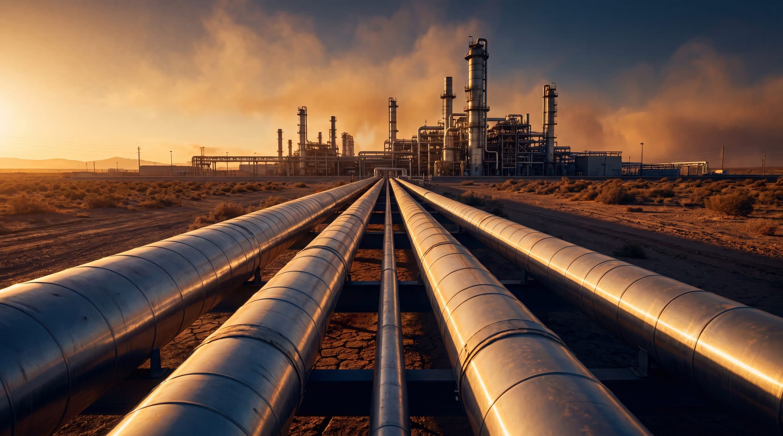 A pipeline corridor running across desert terrain at dawn.