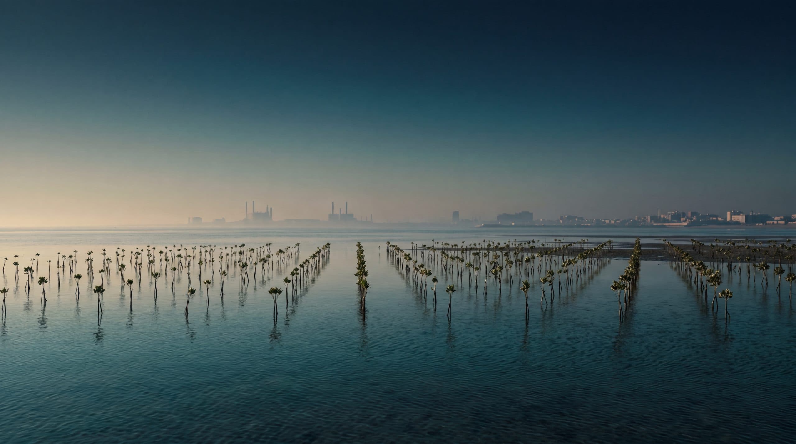 The Red Sea shore at dawn, with the coastline in the distance.