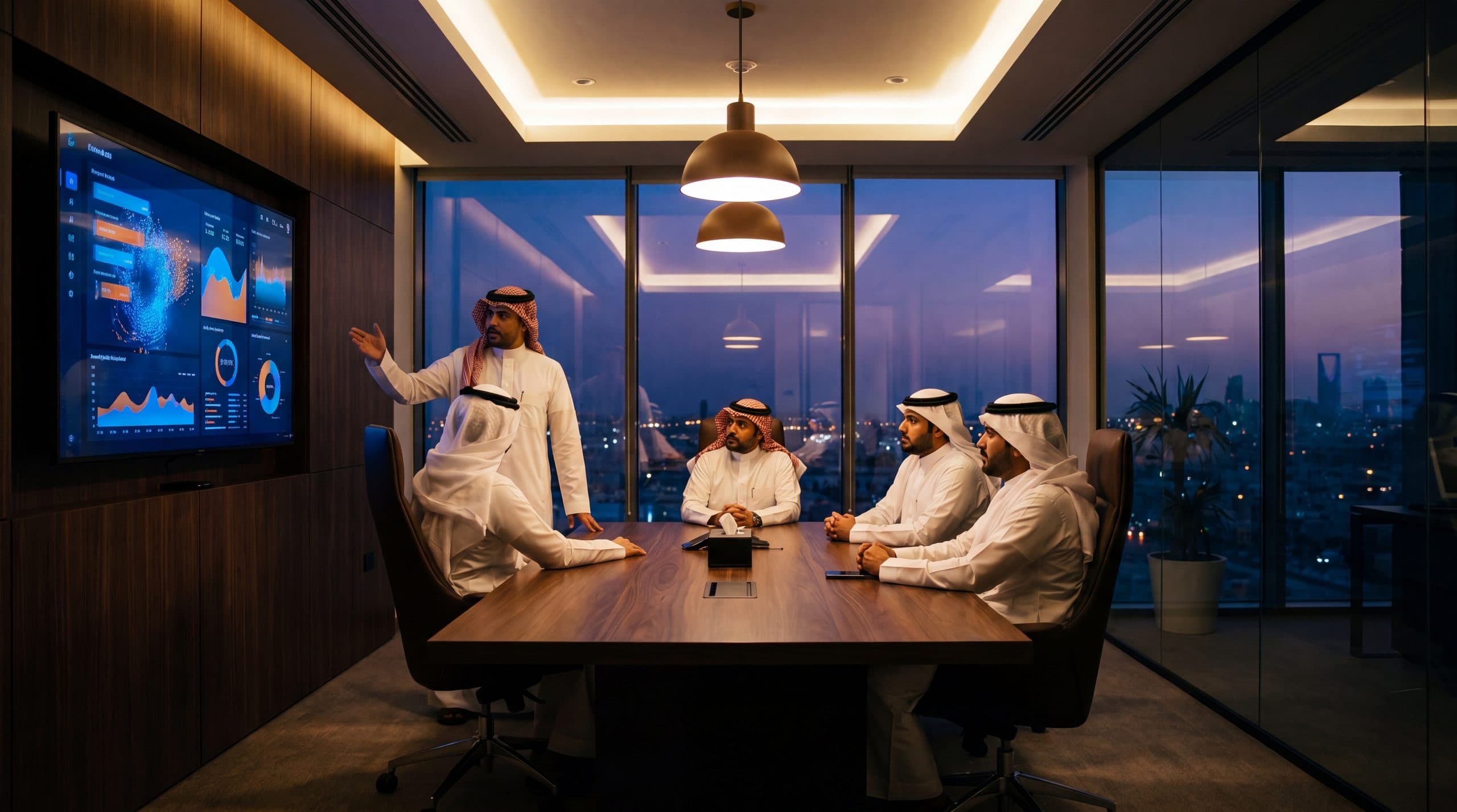 A briefing under way in a boardroom at dusk.