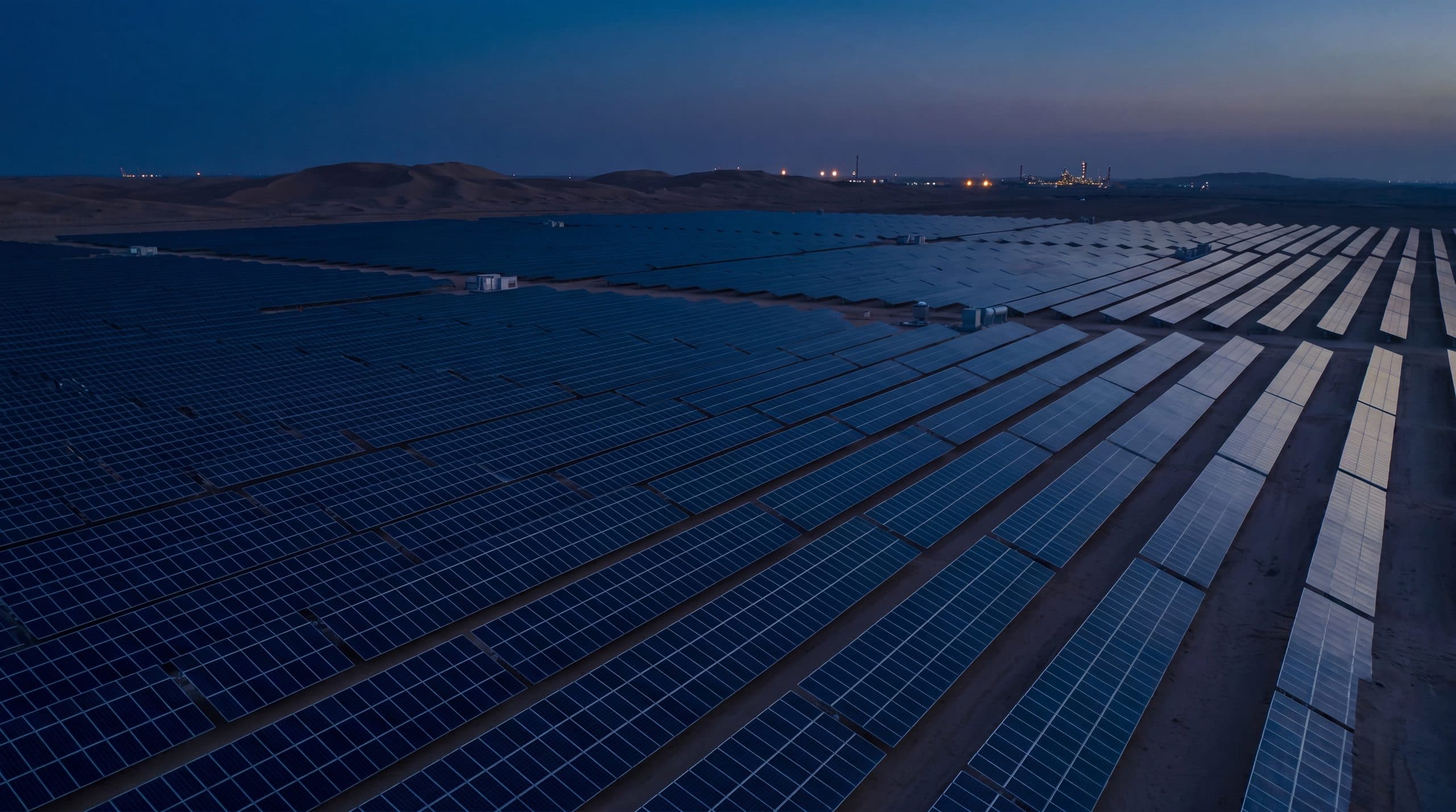 Utility-scale solar development in Saudi Arabia at dusk.