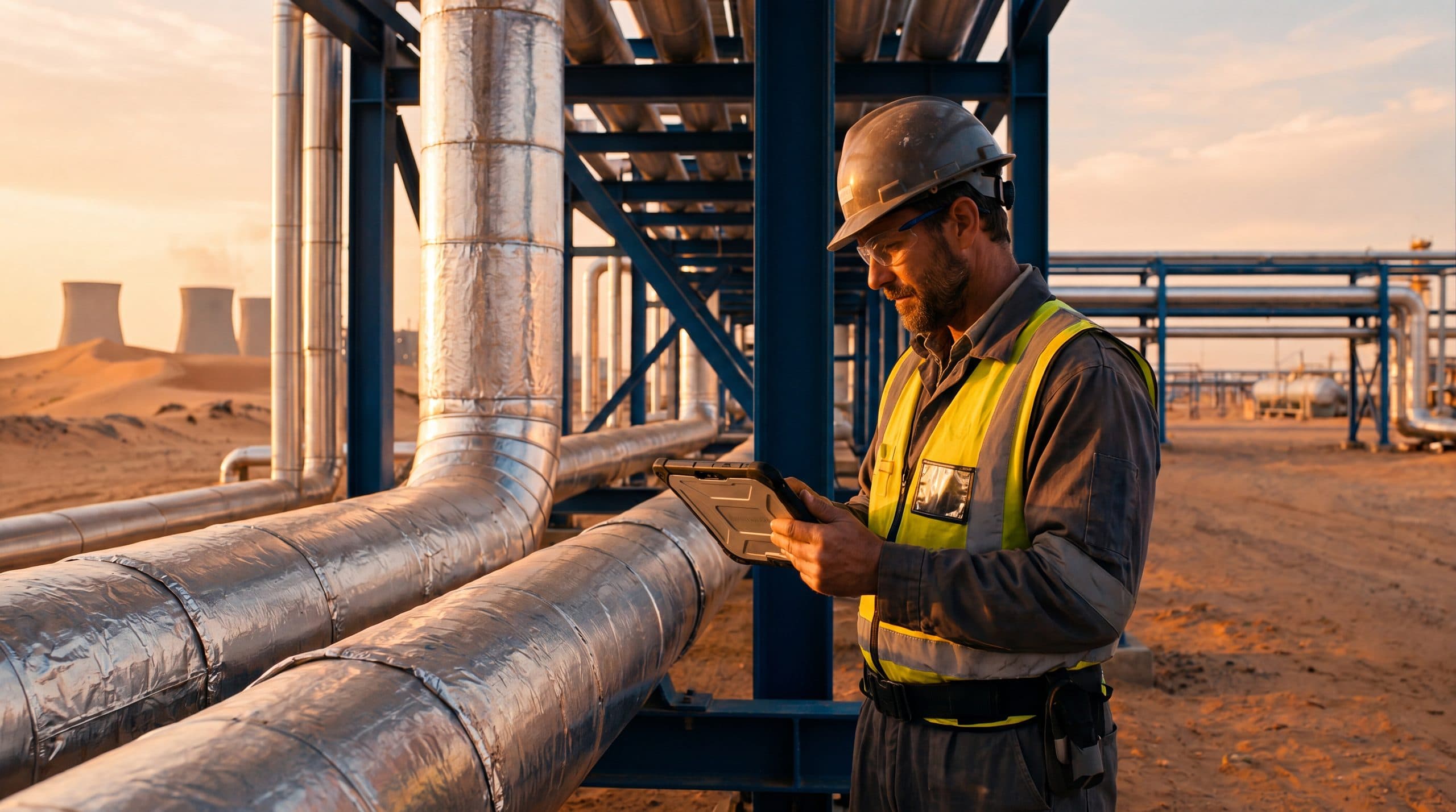 A field engineer checking readings on a tablet beside insulated pipework at sunset.