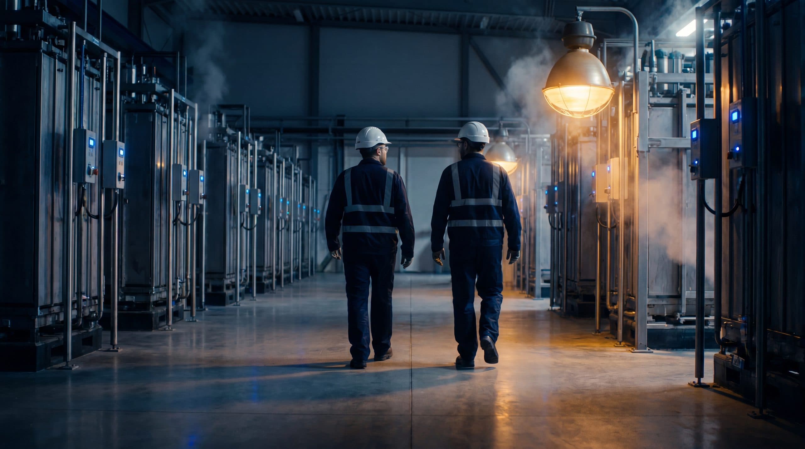 Two engineers walking through an operating facility.